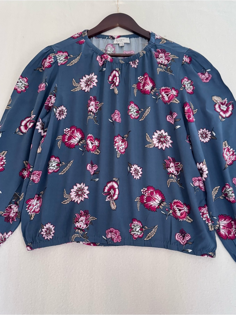 LOFT Navy Floral Long-Sleeve Blouse with Pink Print